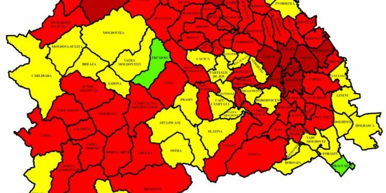 Ca număr de infectări, județul Suceava e pe locul X pe țară. 79 din cele 114 localități sînt în roșu. Cele mai mari rate de infectare, la Bosanci și Dumbrăveni – 17,22