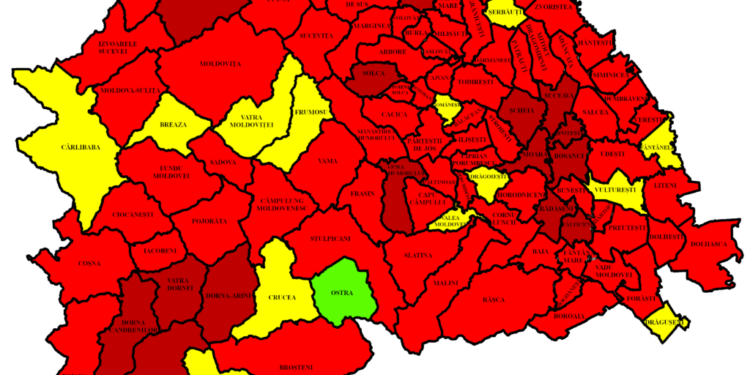 100 din cele 114 localități sucevene, în roșu. În municipiul Suceava rata de infectare este de 15,29 la mie. Cea mai mare rată, la Brodina – 21,41