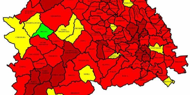 102 din cele 114 localități, în roșu. În municipiul Suceava, rata de infectare este de 16,06 la mie. Cea mai mare rată, la Siret – 20,67