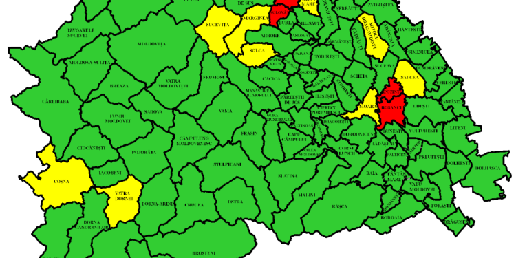 Ipotești, Rădăuți, Volovăț și Bosanci, în ”roșu”. Alte 11 localități sucevene, în ”galben”