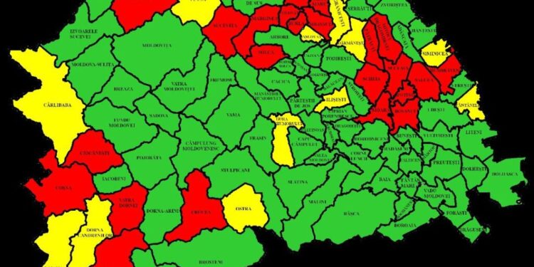 929 de teste, 233 de cazuri. Județul Suceava, pe locul V la nivel național. Municipiul Suceava și alte 28 de localități, în roșu
