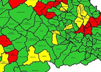 Municipiul Suceava și alte 16 localități, în galben. 17 localități sucevene, în roșu