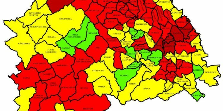 Incidența în județ, 6,08. 66 din cele 114 localități, în roșu. În municipiul Suceava rata de infectare este de 8,18 la mie