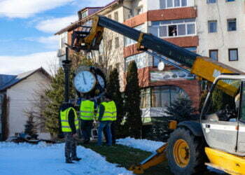 Ceas de 100 de kilograme și de 154.000 de lei, în giratoriul de la Templul Evreiesc din Rădăuți. Instalarea a durat 8 ore