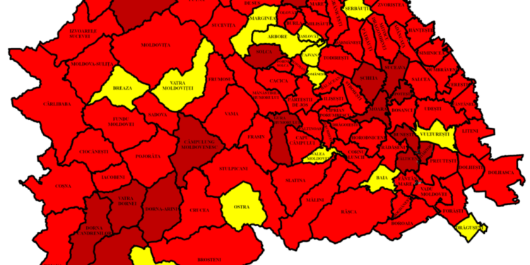99 din cele 114 localități, în roșu. Rata de infectare în municipiul Suceava este de 18,17 la mie. Cea mai mare rată de infectare, la Șcheia – 20,20. 185 de paturi sînt libere