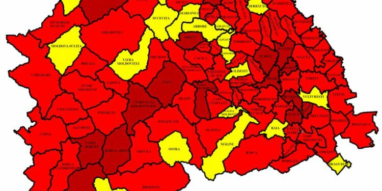 Din cele 114 localități, 94 sînt în roșu. În municipiul Suceava rata a scăzut de la 18,17 la 17,98. Cea mai mare rată de infectare, la Șcheia – 19,60. 186 de paturi de spital, libere