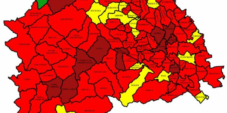 95 din cele 114 localități sucevene, în roșu. Rata de infectare în municipiul Suceava a scăzut de la 17,47 la 16,78 la mie. Cea mai mare rată, la Șcheia – 18,94. 202 paturi de spital, libere