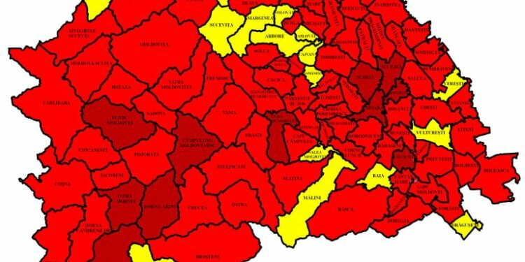 95 din cele 114 localități sucevene, în roșu. Rata de infectare în municipiul Suceava, 16,05 la mie. Cea mai mare rată de infectare, la Șcheia – 17,97. 233 de paturi de spital, libere