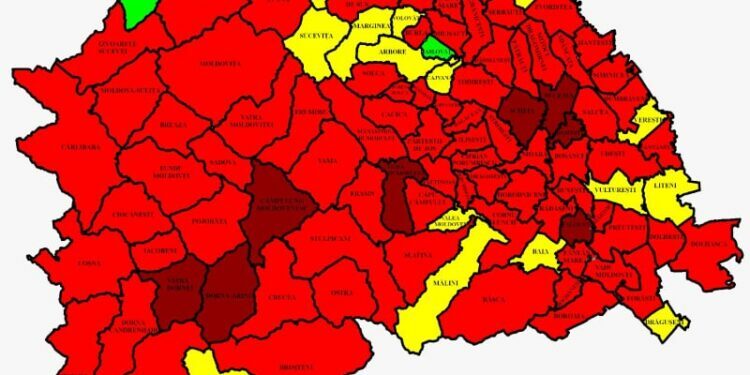 93 din cele 114 localități sucevene, în roșu. Rata de infectare în municipiul Suceava este de 15,44 la mie. Cea mai mare rată de infectare, la Șcheia – 16,49. 234 de paturi de spital, libere