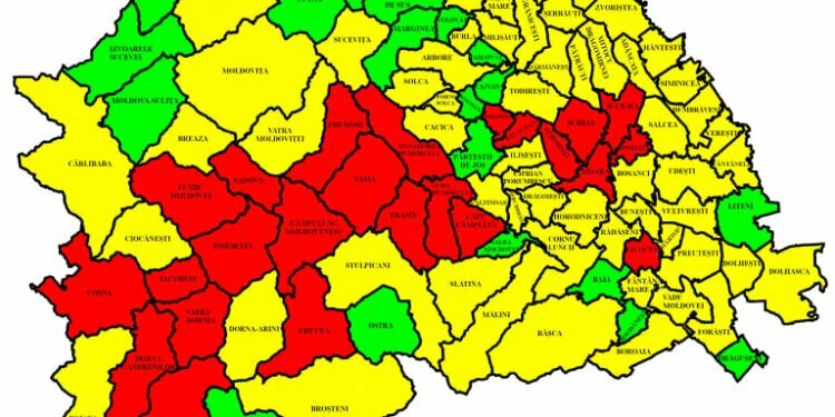 Județul Suceava, în galben, după ce rata de infectare a coborît la 2,98 la mie. Doar 27 din cele 114 localități mai sînt în roșu