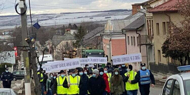 Protest la Siret pentru salvarea locurilor de muncă: „Vrem să muncim la Siret” și ” Industria lemnului nu e crimă”. Primarul Popoiu, alături de protestatari