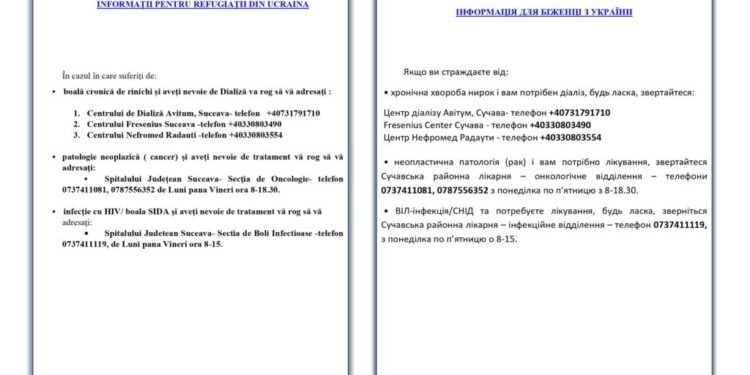 Spitalele din Suceava și Rădăuți îi tratează și pe bolnavii cronici refugiați. Refugiații pot face dializă la Fresenius, Avitum și Nefromed