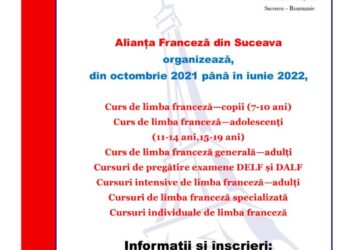 Alianța Franceză Suceava, cursuri de franceză timp de 10 săptămîni pentru copii, adolescenți și adulți. Testele pentru stabilirea nivelului de studiu sînt gratuite