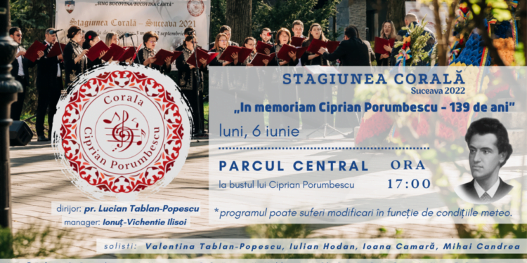4 soliști ai Coralei mixte „Ciprian Porumbescu”, concert la bustul lui Ciprian Porumbescu