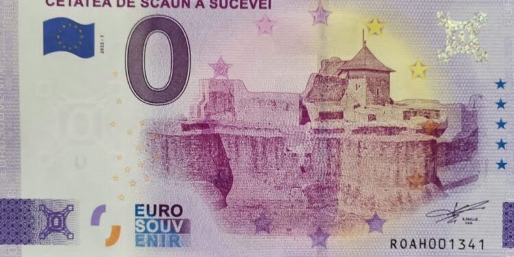 Bancnotă suvenir de 0 euro tipărită cu aprobarea Băncii Naționale a Franței, comercializată de muzeul sucevean