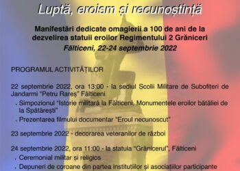 100 de ani de la dezvelirea statuii eroilor Regimentului 2 Grăniceri, un simbol al Fălticenilor. Vor fi decorați veterani de război, va fi o defilare, iar orașul va fi survolat de avioane militare