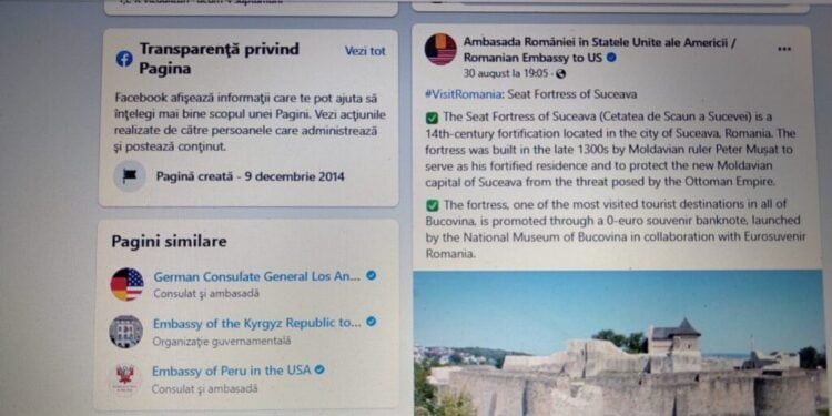 Cetățenii americani, invitați să viziteze Cetatea de Scaun a Sucevei de către Ambasada României în SUA. Este subliniată introducerea bancnotei suvenir pentru promovare