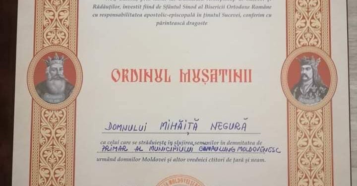 Mihăiță Negură, primarul Cîmpulungului, a primit ”Ordinul Mușatinilor” din partea Arhiepiscopiei Sucevei și Rădăuților