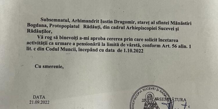 Arhiepiscopia Sucevei și Rădăuților: Arhimandritul Iustin Dragomir a cerut pensionarea și de aceea nu mai este starețul Mănăstirii Bogdana. Înaltul Calinic regretă plecarea arhimandritului