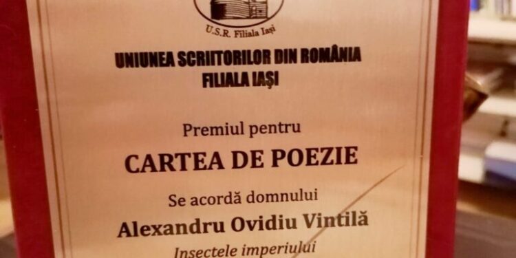 Alexandru Ovidiu Vintilă, președintele SSB, premiul pentru ”Cartea de poezie” din partea Uniunii Scriitorilor din România – Filiala Iași