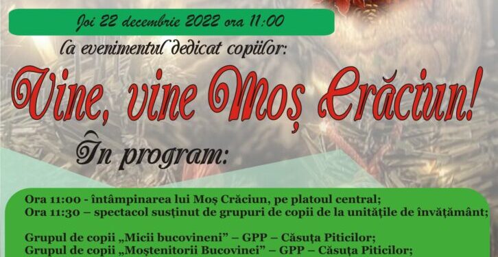 Moș Crăciun ajunge în centrul Cîmpulungului joi, 22 decembrie, la ora 11.00