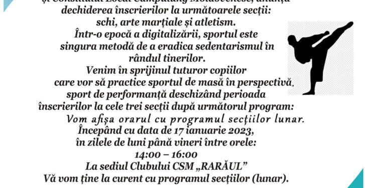 Înscrieri la secțiile de schi, arte marțiale și atletism ale CSM Rarăul Cîmpulung Moldovenesc