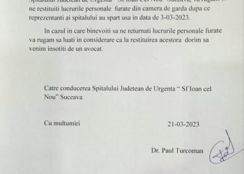 Cardiologii intervenționiști Paul Turcoman și Laurian Blaga, cerere oficială adresată conducerii Spitalului Județean Suceava, pentru a li se înapoia bunurile lipsă din cabinetul a cărui ușă a fost spartă