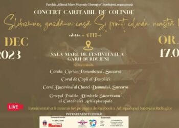 Parohia Sfîntul Mare Mucenic Gheorghe Burdujeni, concert caritabil de colinde în Sala de Festivități a Gării Burdujeni. Banii adunați cu acest prilej vor ajunge la un elev de la ”Ștefan cel Mare”, olimpic internațional, care trăiește alături de mama sa, aflată în șomaj, și de bunică. Casa lor a fost afectată de un incendiu