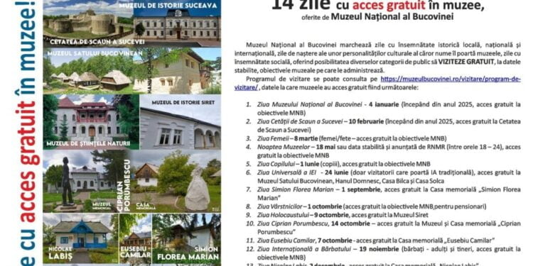 14 zile din acest an, cu intrări gratuite la obiectivele Muzeului Național al Bucovinei
