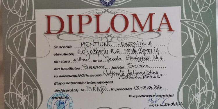 Maya Cojocariu, de la Școala 4 Suceava, mențiune la etapa națională a Olimpiadei de Lingvistică ”Solomon Marcus”. Maya este îndrumată de profesoara Alina Serhei