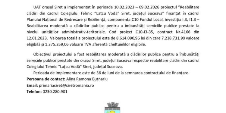 COMUNICAT DE PRESĂ PNRR: Fonduri pentru România modernă și reformată –	anunț finalizare proiect