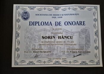 Medicul Sorin Hîncu a fost premiat de Societatea de Medici și Naturaliști din Iași, cu ocazia împlinirii vîrstei de 75 de ani