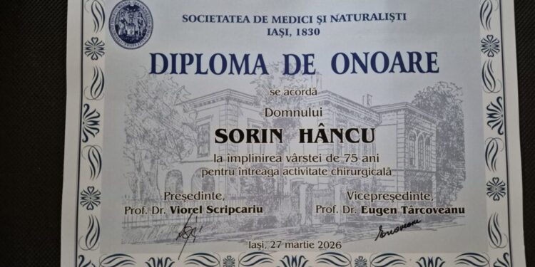 Medicul Sorin Hîncu a fost premiat de Societatea de Medici și Naturaliști din Iași, cu ocazia împlinirii vîrstei de 75 de ani