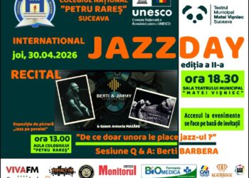 Ziua Internațională a Jazzului, marcată la Colegiul Național ”Petru Rareș” Suceava: elevii devin creatori, nu doar spectatori. Vor fi sesiuni interactive Q&A cu artiștii Berti Barbera și Adalbert J. Cserkesz, un vernisaj și recitaluri