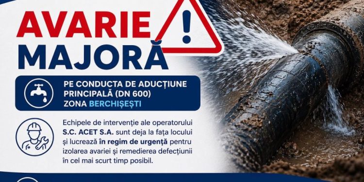 Avarie majoră pe conducta de aducțiune principală a apei din zona Berchișești. ACET lucrează pentru ca Suceava să nu rămînă fără apă