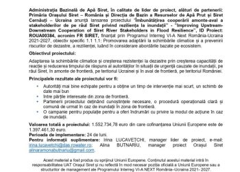 Lansarea proiectului ”Îmbunătățirea cooperării amonte-aval a stakeholderilor de pe râul Siret privind reziliența la inundații” – FR SIRET, ID Proiect: ROUA00384