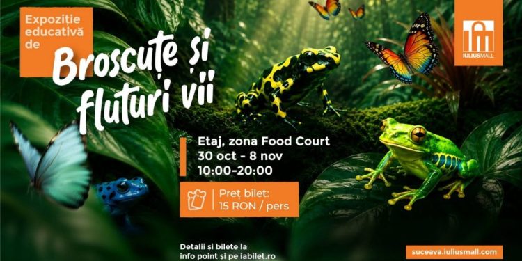 Expoziția educativă de fluturi vii și broscuțe tropicale ajunge în acest weekend la Iulius Mall Suceava